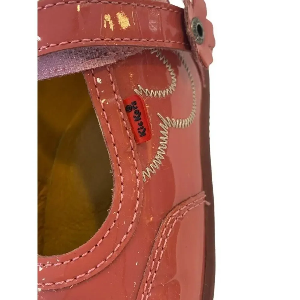 9.5 (26 eu) KicKers Pink Patent Mary Jane Booties Shoes Flower Design Rubber Sol